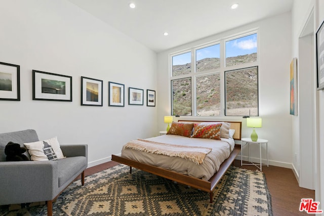 bedroom featuring dark hardwood / wood-style flooring and vaulted ceiling