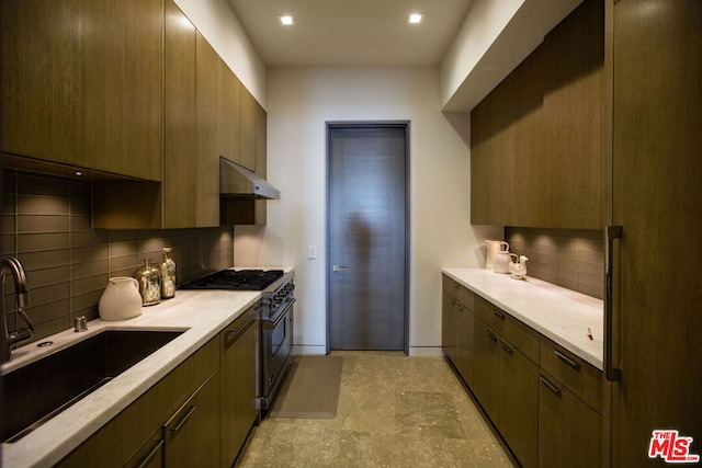 kitchen with tasteful backsplash, sink, and high end stainless steel range oven