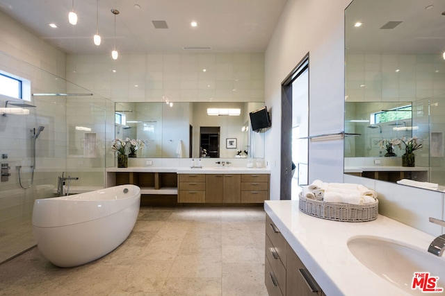 bathroom featuring vanity and independent shower and bath