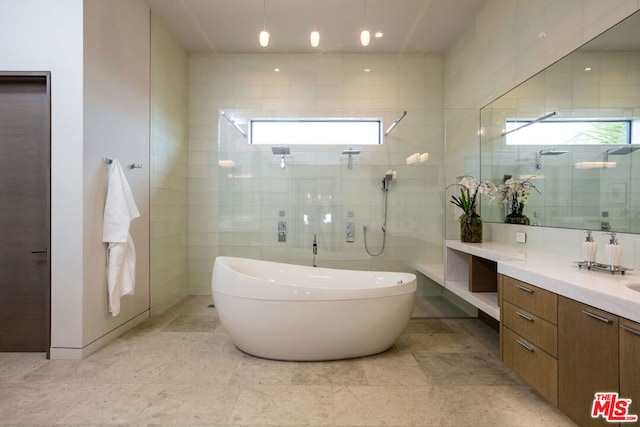 bathroom featuring separate shower and tub and vanity