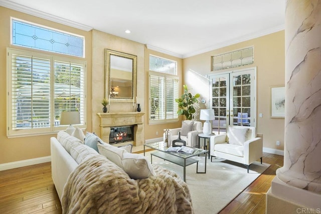 living room with hardwood / wood-style floors, crown molding, a fireplace, and baseboards