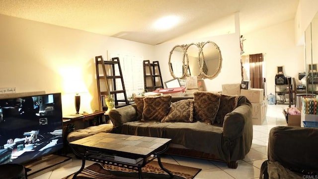 living room featuring vaulted ceiling and light tile patterned floors