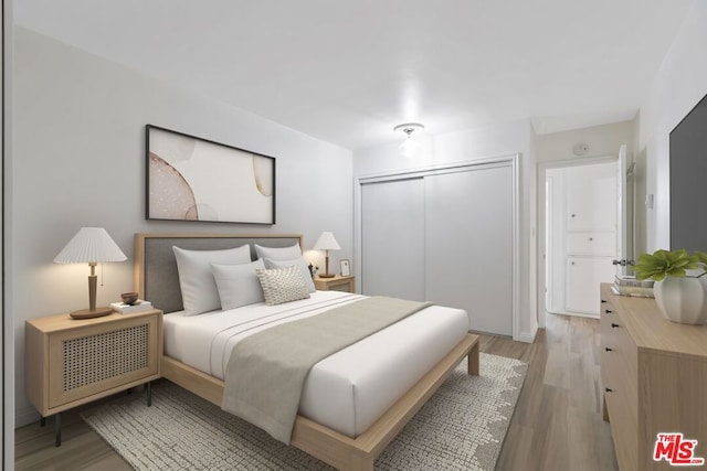 bedroom featuring light hardwood / wood-style flooring and a closet