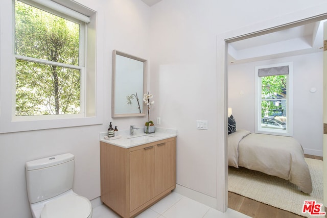 bathroom with plenty of natural light, toilet, and vanity