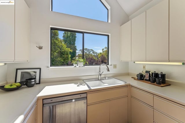 kitchen featuring stainless steel dishwasher, white cabinetry, and sink