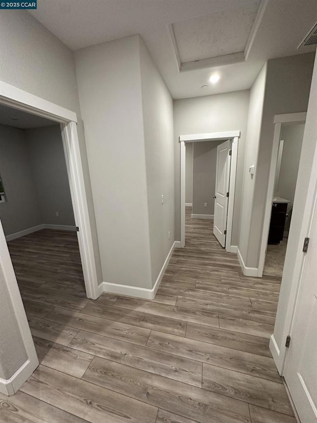 hallway with light hardwood / wood-style flooring and a tray ceiling