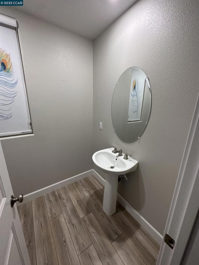 bathroom with hardwood / wood-style floors