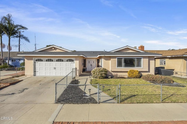 ranch-style home featuring a garage and a front yard