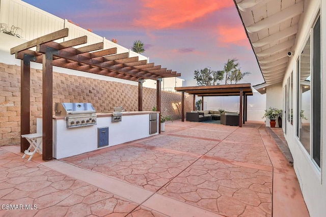 patio terrace at dusk with outdoor lounge area, area for grilling, a pergola, and grilling area