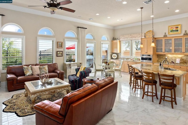 living room with ceiling fan, ornamental molding, and sink