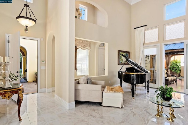 living area with a towering ceiling