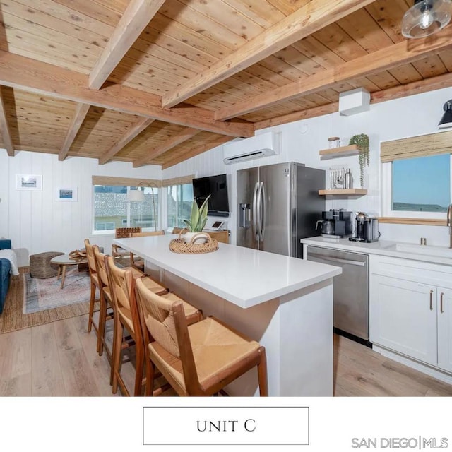 kitchen with a kitchen bar, appliances with stainless steel finishes, white cabinetry, and wood ceiling