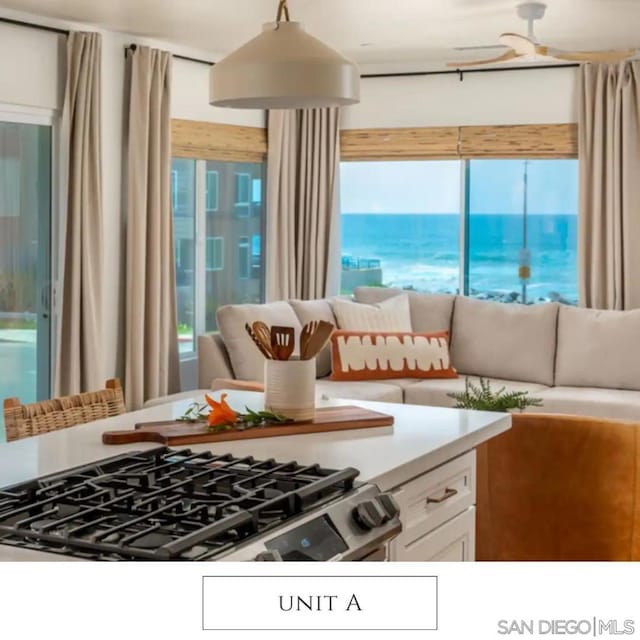 kitchen with white cabinets and a water view