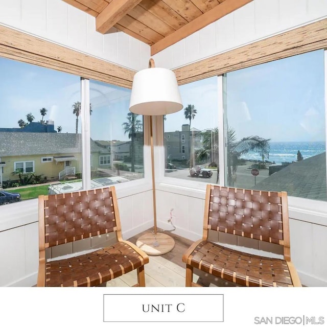 sunroom / solarium with beamed ceiling and wood ceiling