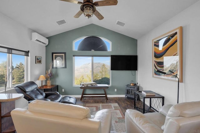 living room featuring a wall mounted air conditioner, lofted ceiling, ceiling fan, and dark wood-type flooring