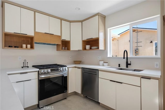 2249 Shoredale Ave, Los Angeles, CA 90031 - kitchen featuring sink, white cabinets, exhaust hood, and appliances with stainless steel finishes