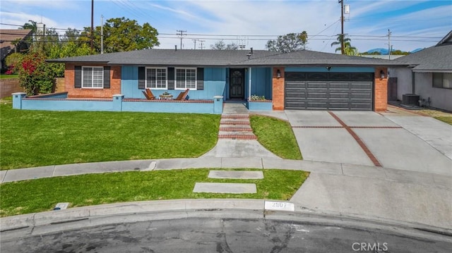 ranch-style house featuring cooling unit, a front lawn, and a garage