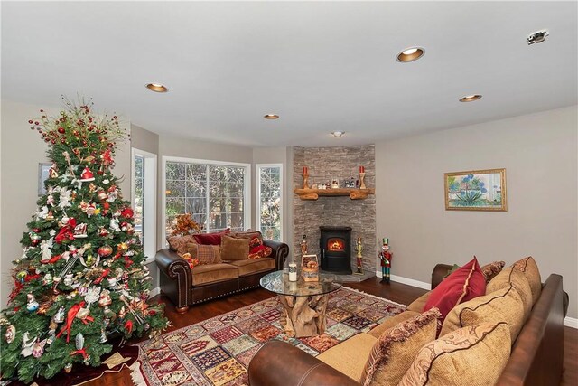 living room with dark hardwood / wood-style flooring and a wood stove