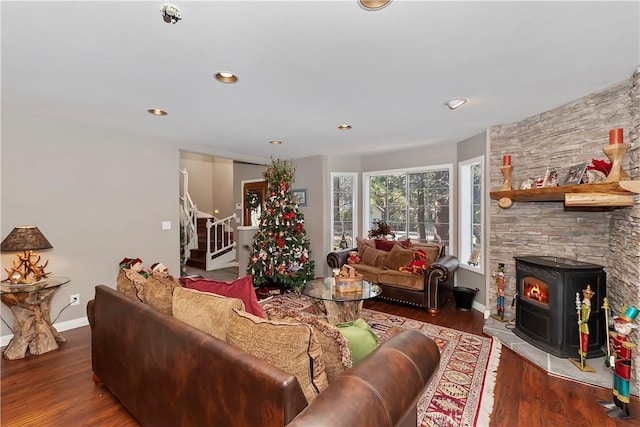 living room featuring dark wood-type flooring