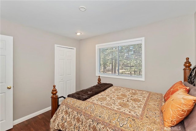 bedroom featuring dark hardwood / wood-style flooring and a closet