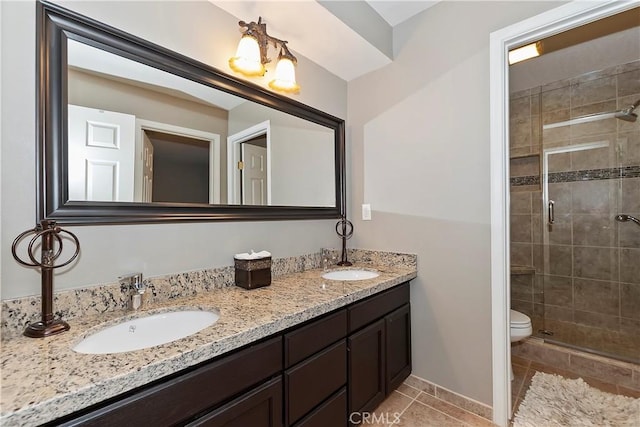 bathroom featuring vanity, tile patterned floors, a shower with door, and toilet