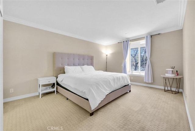 bedroom featuring carpet flooring and crown molding