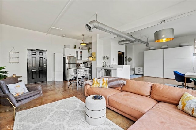 tiled living room with sink