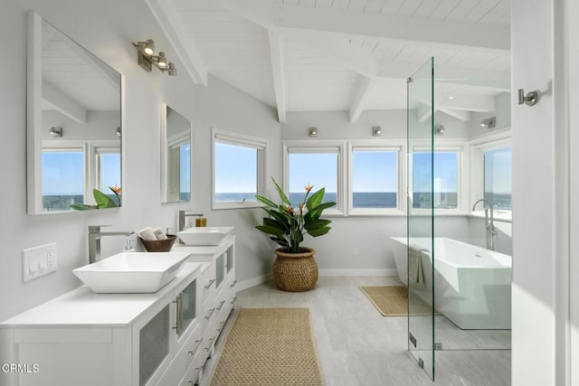 bathroom with vanity, hardwood / wood-style flooring, independent shower and bath, and beamed ceiling