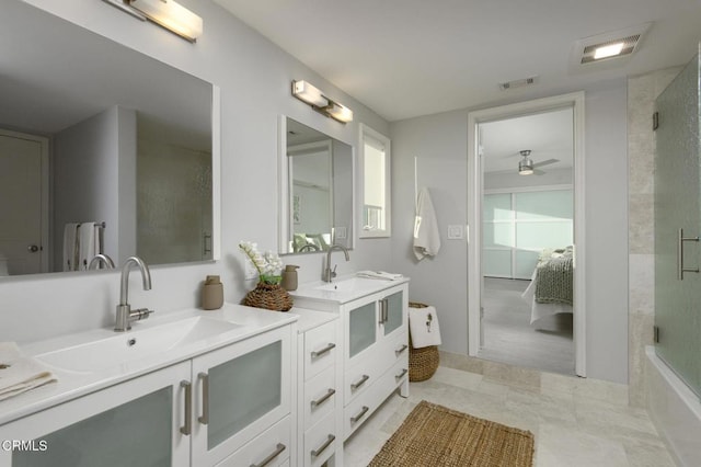 bathroom with ceiling fan, plus walk in shower, and vanity