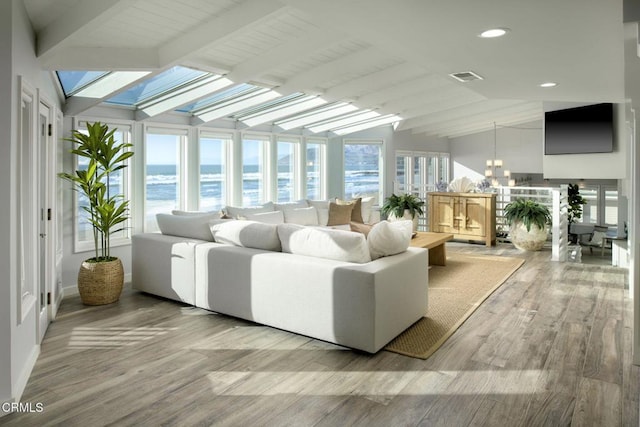 interior space with a water view