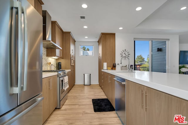 kitchen with sink, wall chimney exhaust hood, light wood-type flooring, decorative backsplash, and appliances with stainless steel finishes