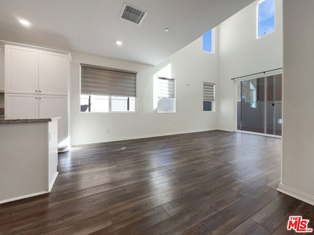 unfurnished living room featuring plenty of natural light and dark hardwood / wood-style floors