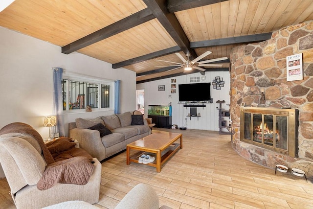 living room featuring lofted ceiling with beams, ceiling fan, wooden ceiling, and a fireplace