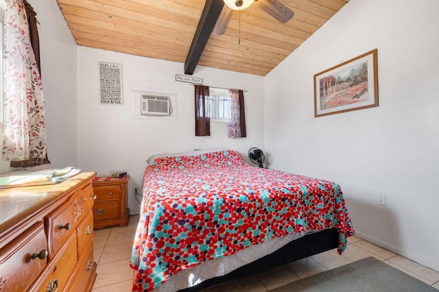 tiled bedroom featuring lofted ceiling with beams, a wall unit AC, ceiling fan, and wooden ceiling