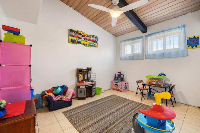 rec room featuring light tile patterned floors, lofted ceiling with beams, ceiling fan, and wooden ceiling