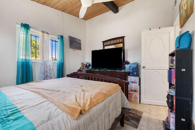 bedroom featuring beamed ceiling, ceiling fan, and wooden ceiling