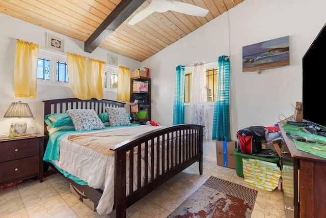 bedroom featuring vaulted ceiling with beams, ceiling fan, and wood ceiling