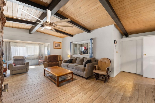 living room featuring vaulted ceiling with beams and wood ceiling