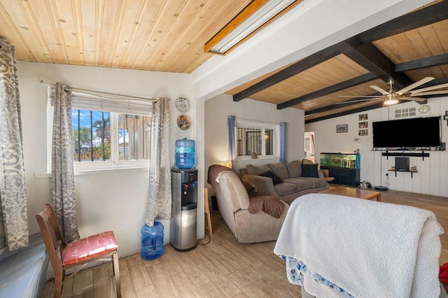 living room featuring vaulted ceiling with beams, ceiling fan, wooden ceiling, and hardwood / wood-style flooring