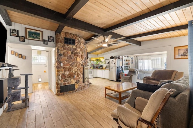 living room with wood ceiling, ceiling fan, and lofted ceiling with beams