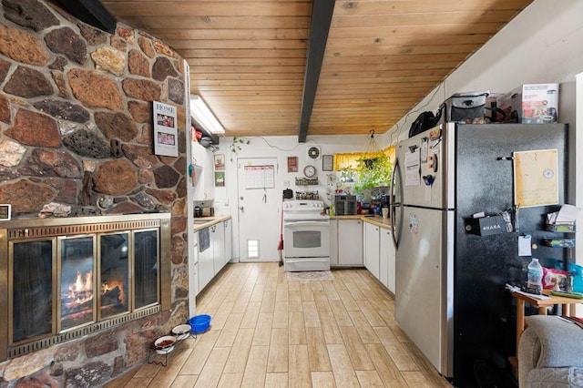 kitchen with beam ceiling, white cabinetry, wooden ceiling, white electric stove, and stainless steel fridge