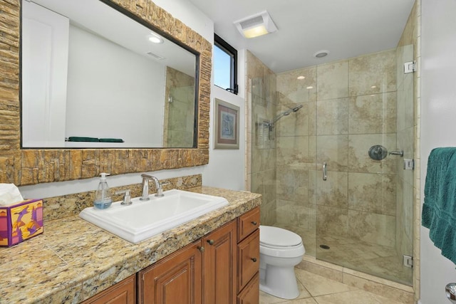 bathroom with tile patterned floors, vanity, toilet, and walk in shower