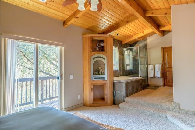 unfurnished bedroom with lofted ceiling with beams, access to exterior, carpet floors, and wooden ceiling