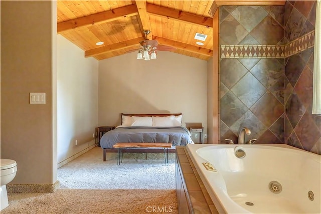 interior space featuring vaulted ceiling with beams, ceiling fan, toilet, and a bath