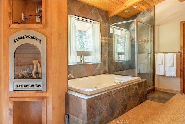 bathroom with beamed ceiling, plus walk in shower, and wooden ceiling