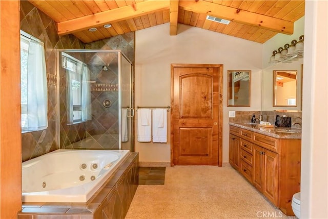 full bathroom with wooden ceiling, lofted ceiling with beams, toilet, vanity, and independent shower and bath