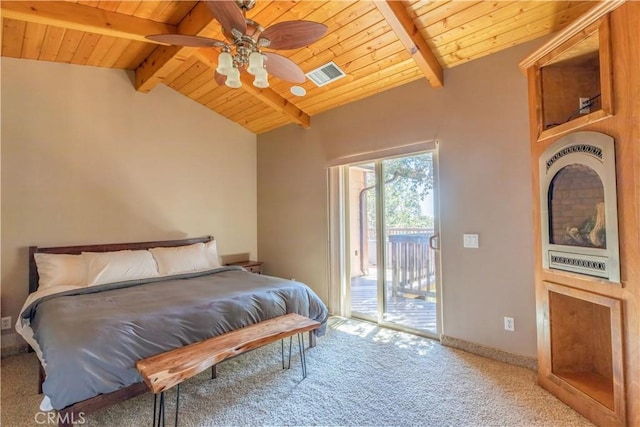 bedroom featuring carpet flooring, access to outside, ceiling fan, and wooden ceiling