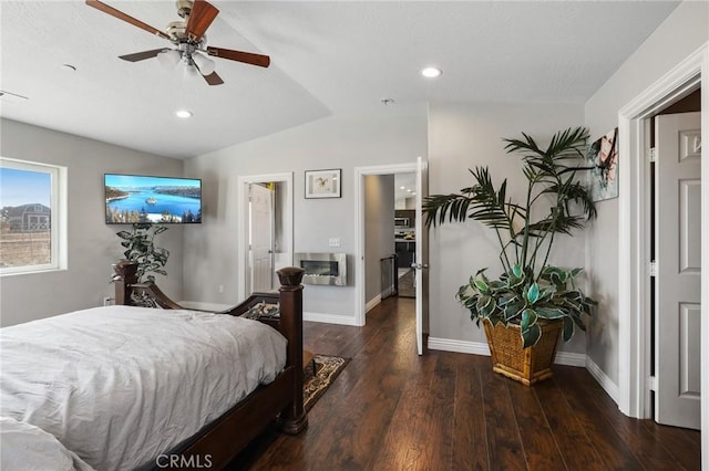 7755 7th St, Phelan, CA 92371 - bedroom featuring vaulted ceiling, wood finished floors, baseboards, recessed lighting, and ceiling fan