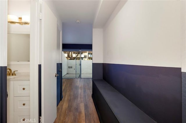 corridor with dark hardwood / wood-style floors and sink