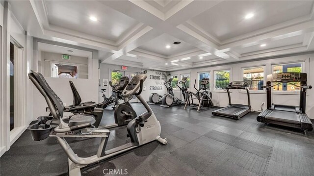 exercise room with coffered ceiling